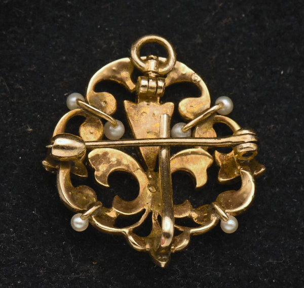 Vintage Handcrafted 14K Gold and Cultured Pearl Fleur-de-Lis Brooch/Pendant