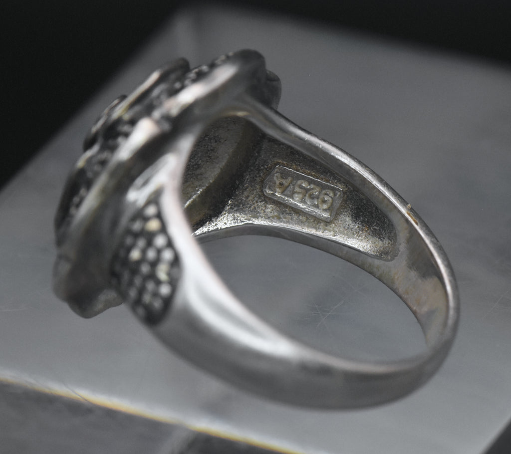 Vintage Sterling Silver Floral Marcasite Ring - Size 7