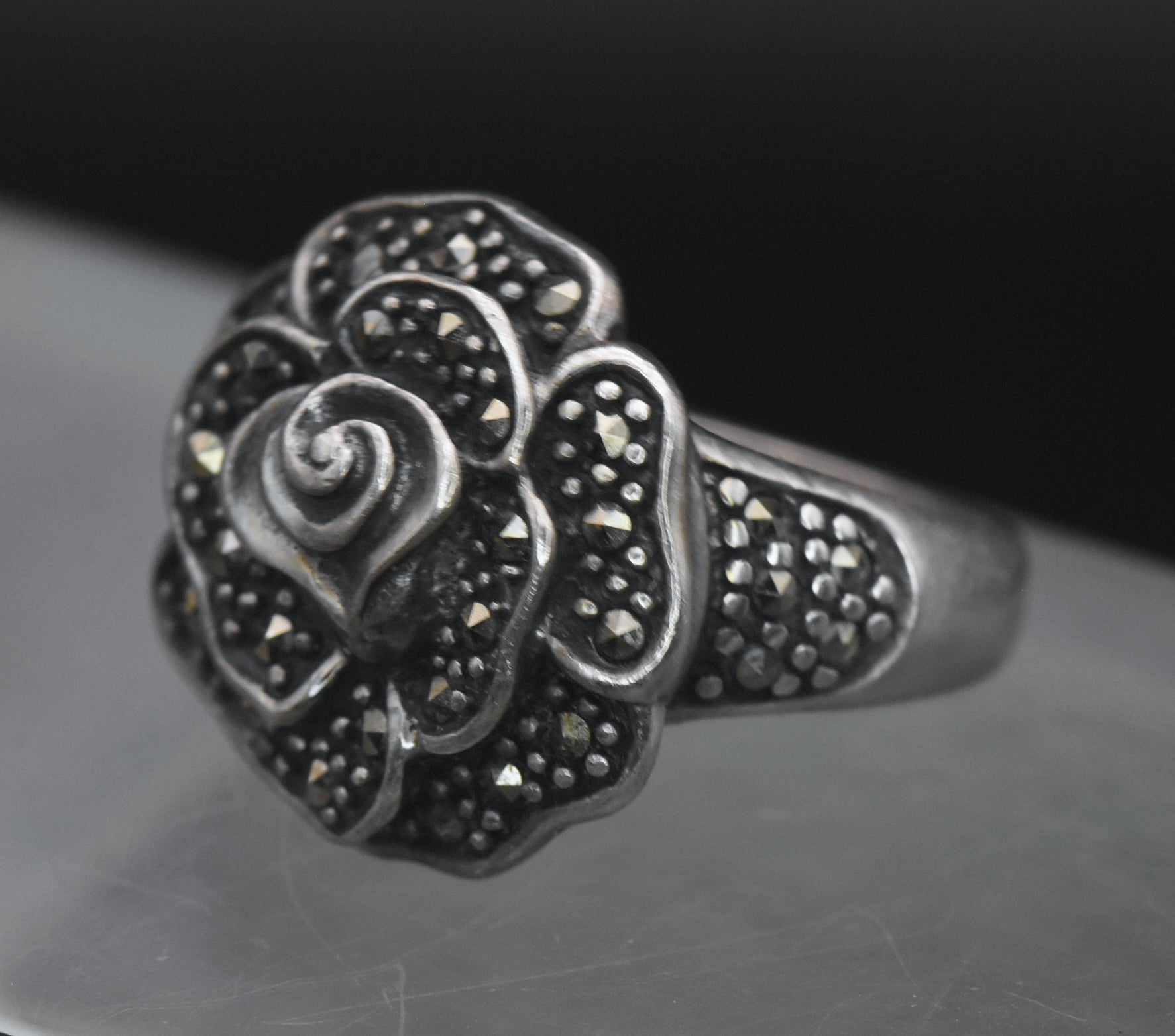 Vintage Sterling Silver Floral Marcasite Ring - Size 7