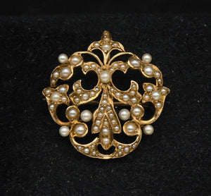 Vintage Handcrafted 14K Gold and Cultured Pearl Fleur-de-Lis Brooch/Pendant