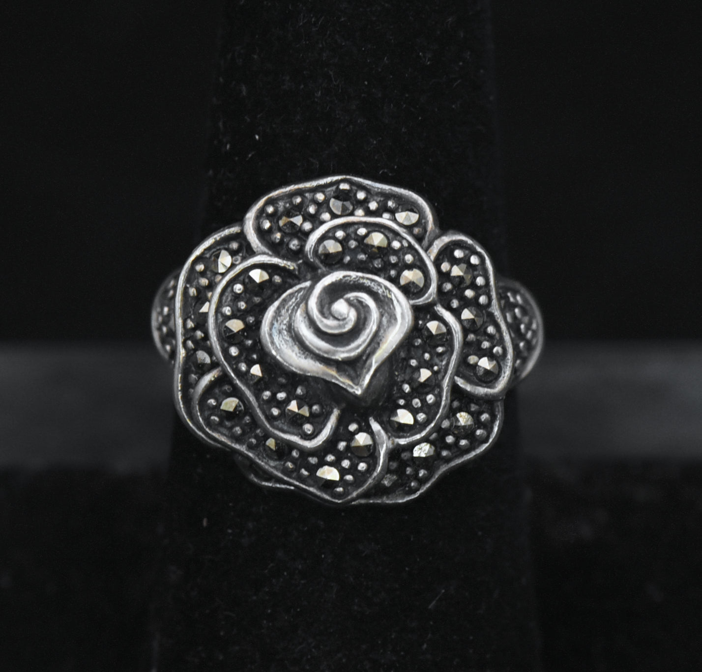 Vintage Sterling Silver Floral Marcasite Ring - Size 7