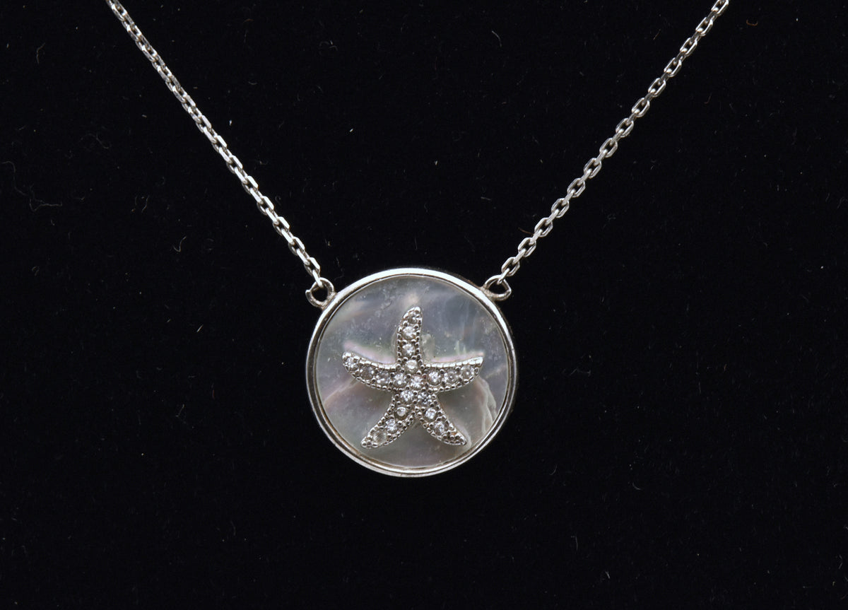 Vintage Mother of Pearl and Diamonds Sterling Silver Starfish Pendant Necklace