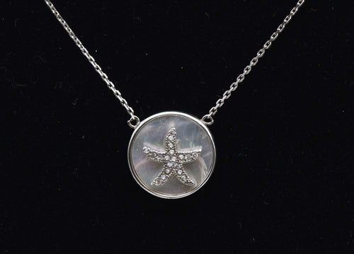 Vintage Mother of Pearl and Diamonds Sterling Silver Starfish Pendant Necklace
