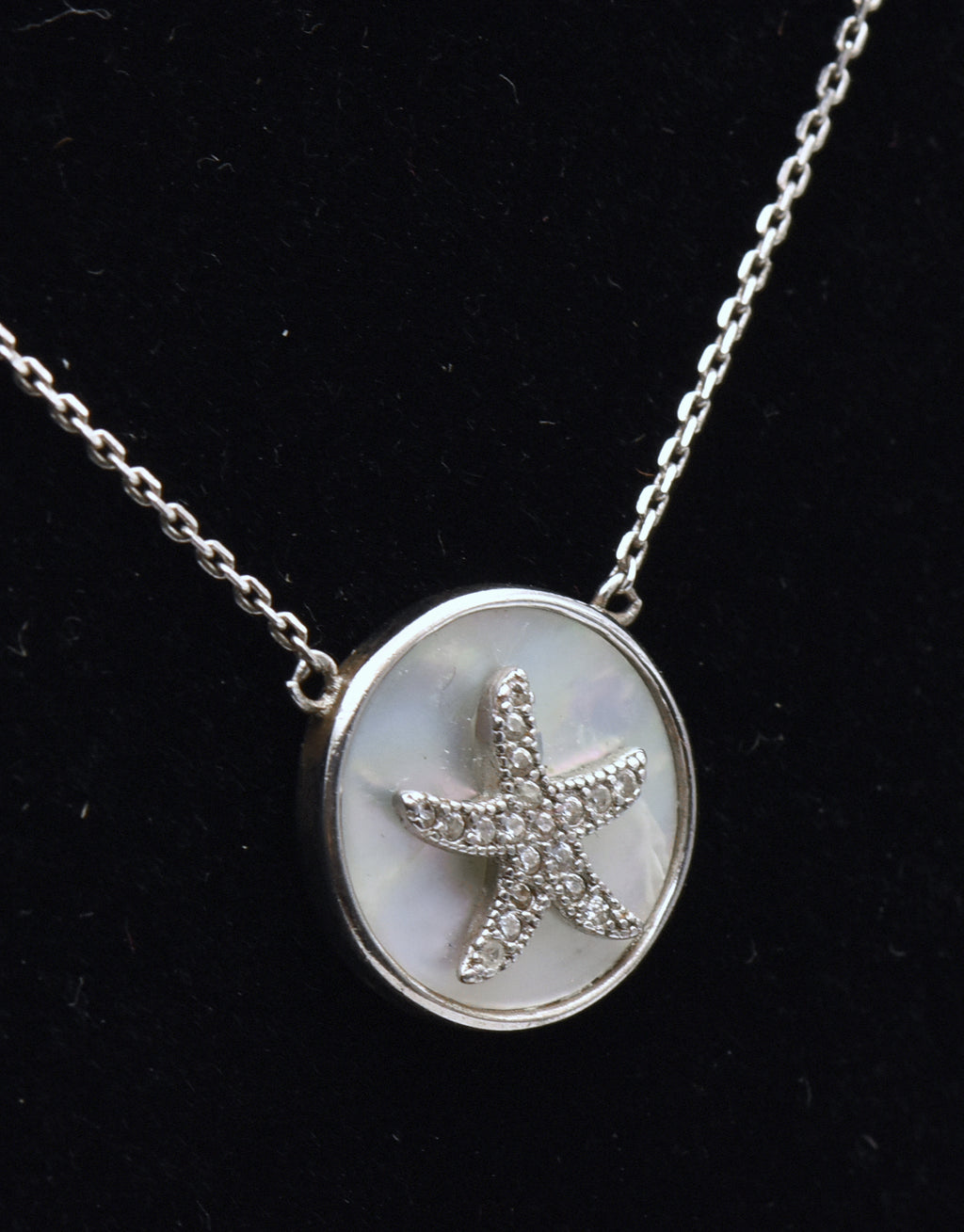 Vintage Mother of Pearl and Diamonds Sterling Silver Starfish Pendant Necklace