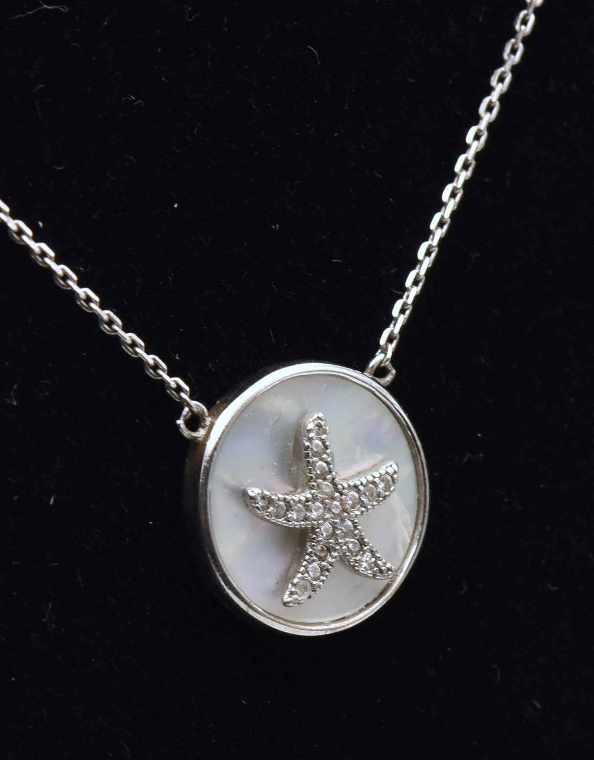 Vintage Mother of Pearl and Diamonds Sterling Silver Starfish Pendant Necklace