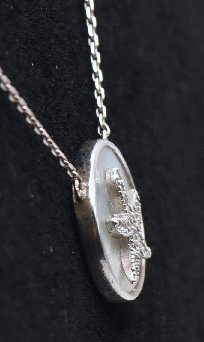 Vintage Mother of Pearl and Diamonds Sterling Silver Starfish Pendant Necklace