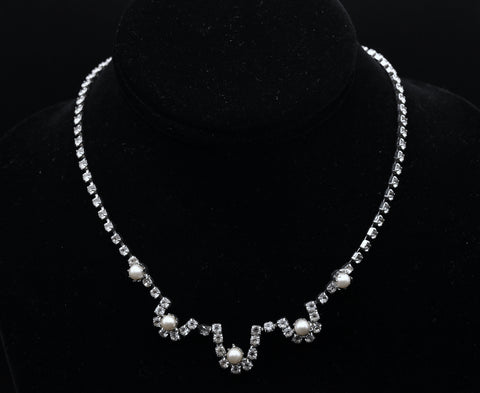 Vintage Silver Tone Rhinestone and Faux Pearl Necklace - 15.5"