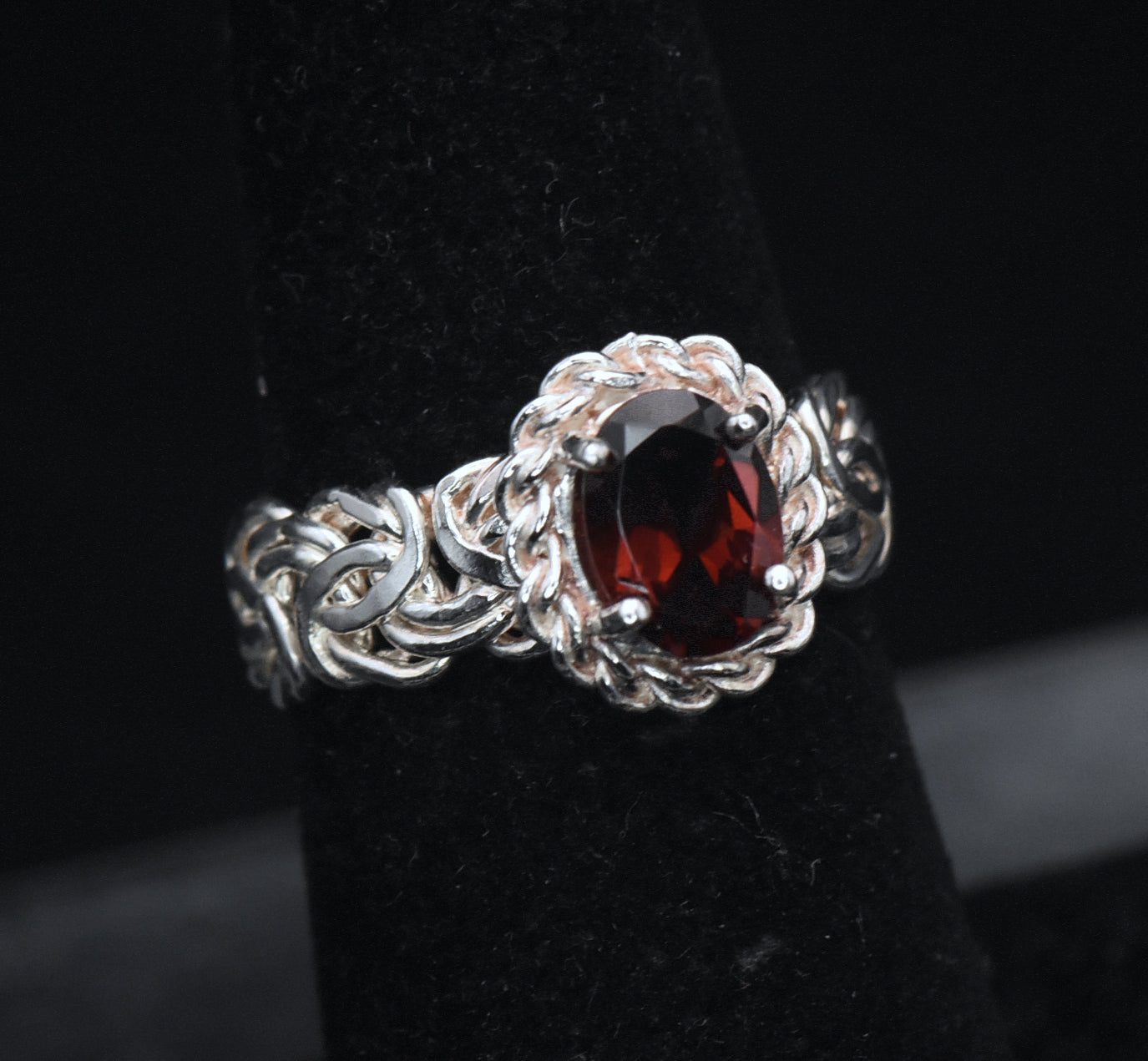 Vintage Red Garnet Sterling Silver Byzantine Ring - Size 6