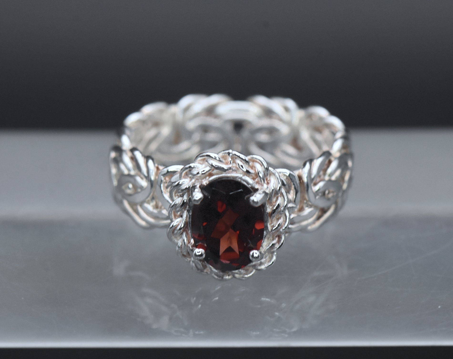 Vintage Red Garnet Sterling Silver Byzantine Ring - Size 6