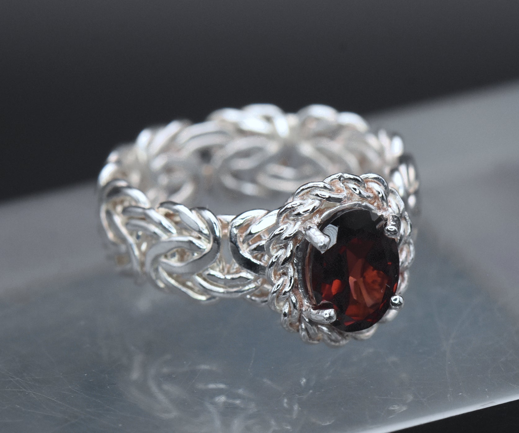 Vintage Red Garnet Sterling Silver Byzantine Ring - Size 6