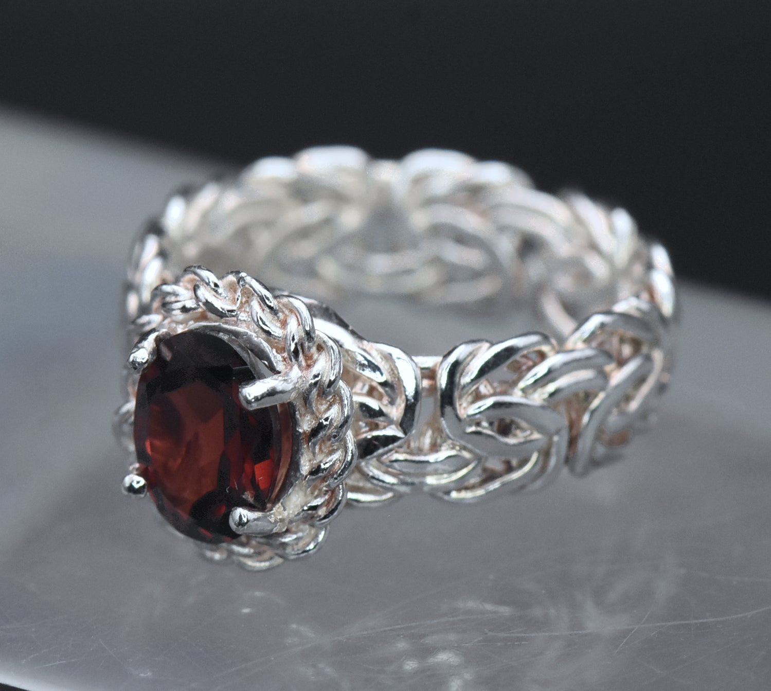Vintage Red Garnet Sterling Silver Byzantine Ring - Size 6