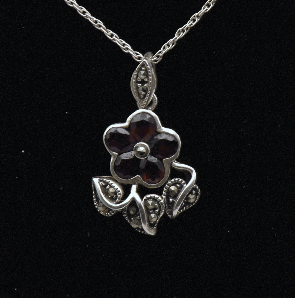 Vintage Red Garnet and Marcasite Sterling Silver Flower Pendant Necklace - 19.5"