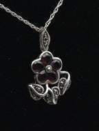 Vintage Red Garnet and Marcasite Sterling Silver Flower Pendant Necklace - 19.5"