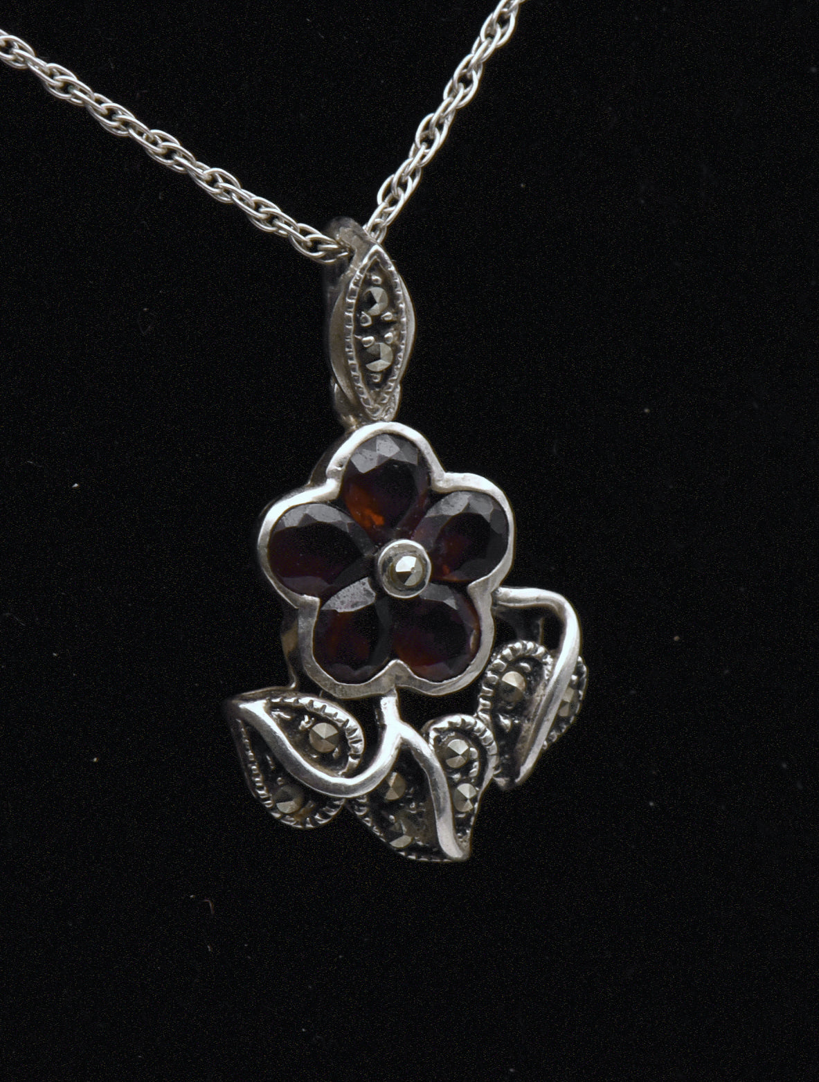 Vintage Red Garnet and Marcasite Sterling Silver Flower Pendant Necklace - 19.5"