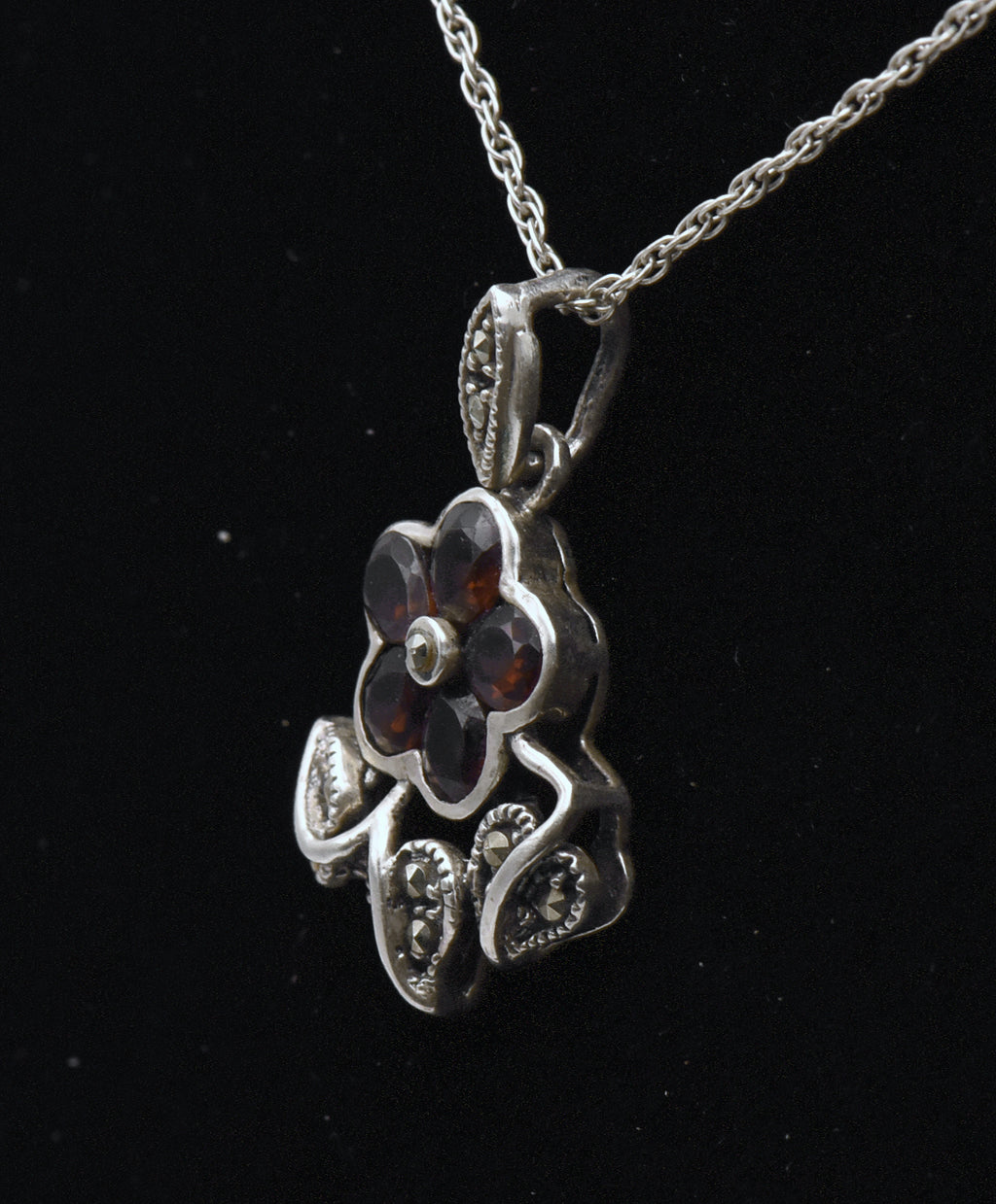Vintage Red Garnet and Marcasite Sterling Silver Flower Pendant Necklace - 19.5"