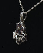 Vintage Red Garnet and Marcasite Sterling Silver Flower Pendant Necklace - 19.5"