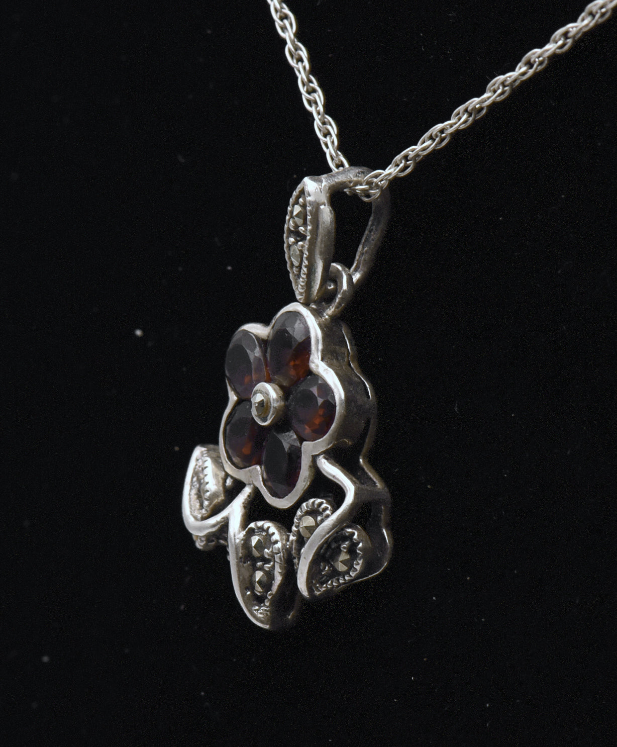 Vintage Red Garnet and Marcasite Sterling Silver Flower Pendant Necklace - 19.5"