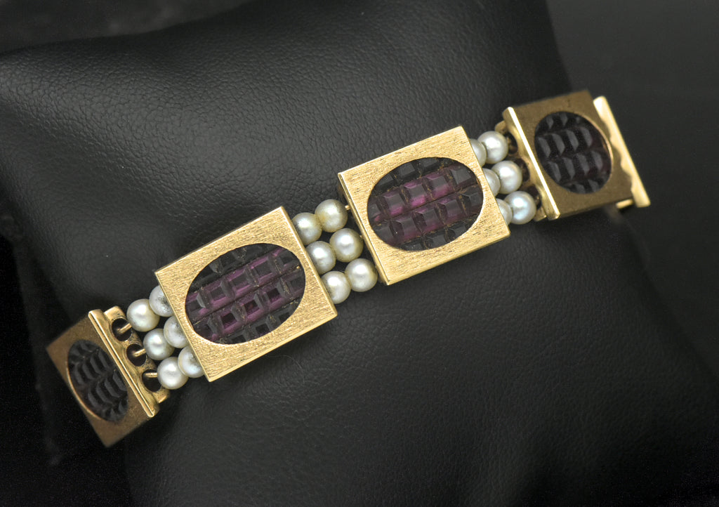 Handmade 14K Gold Link Bracelet with Hand-Carved Glass and Cultured Pearls - 7"