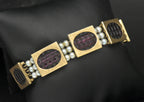 Handmade 14K Gold Link Bracelet with Hand-Carved Glass and Cultured Pearls - 7"