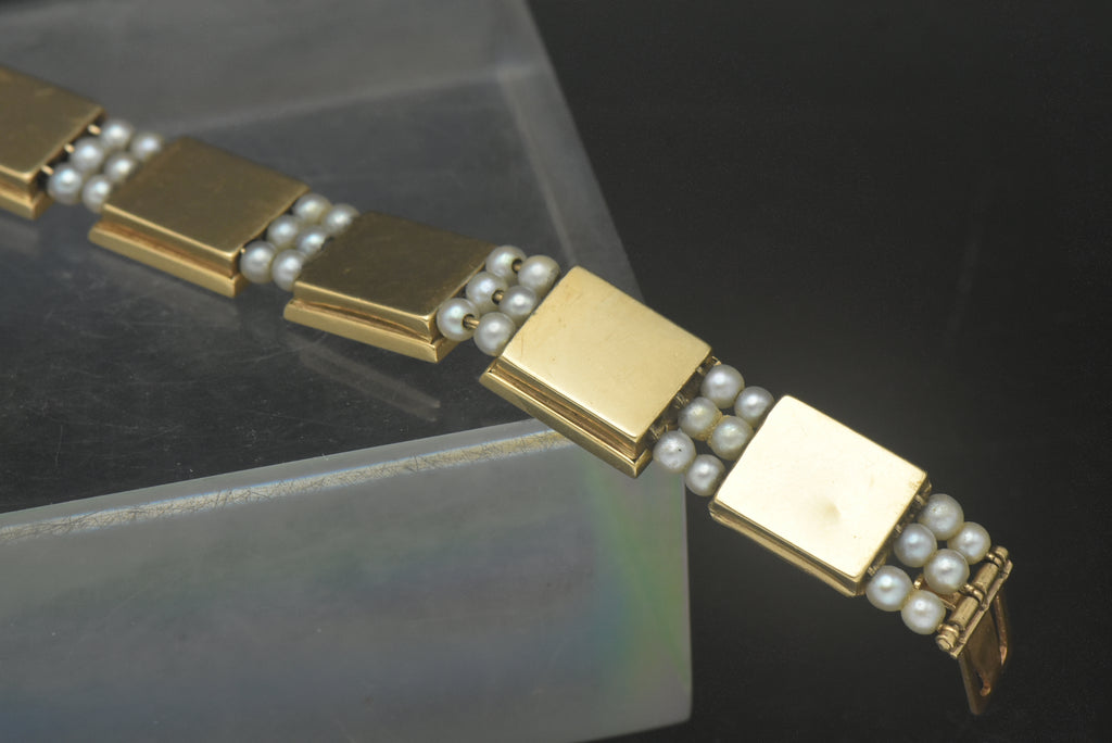 Handmade 14K Gold Link Bracelet with Hand-Carved Glass and Cultured Pearls - 7"