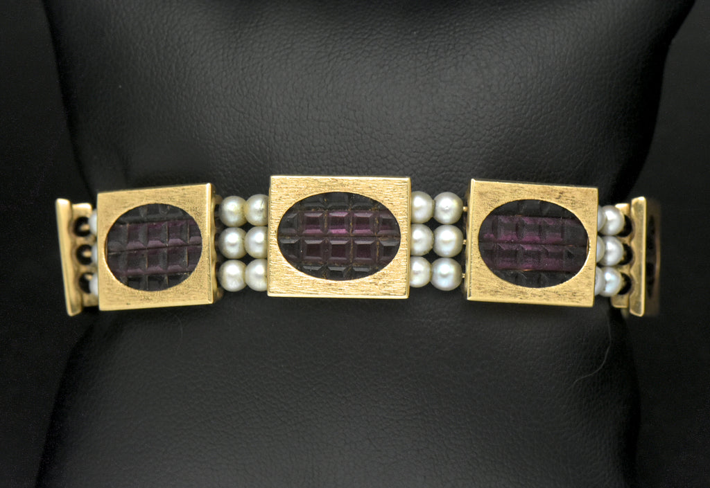 Handmade 14K Gold Link Bracelet with Hand-Carved Glass and Cultured Pearls - 7"