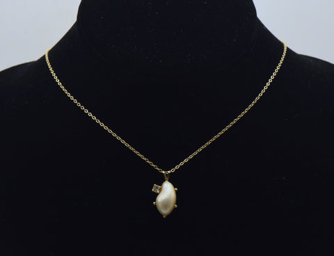 Vintage Faux Baroque Pearl and Rhinestone Gold Tone Metal Pendant on Gold Tone Sterling Silver Chain Necklace - 18"