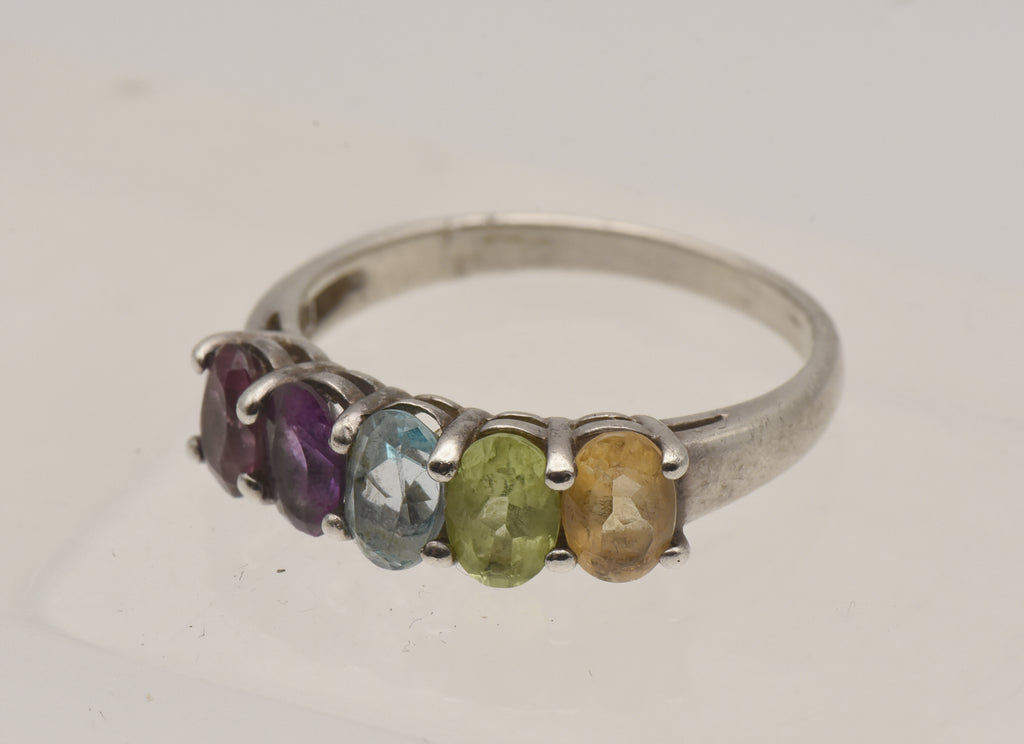 Vintage Multi Color Gemstone Sterling Silver Ring - Size 9