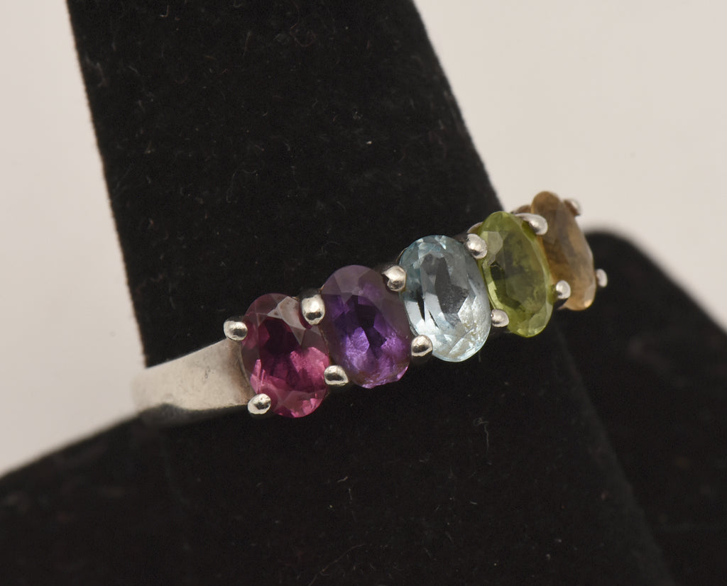 Vintage Multi Color Gemstone Sterling Silver Ring - Size 9