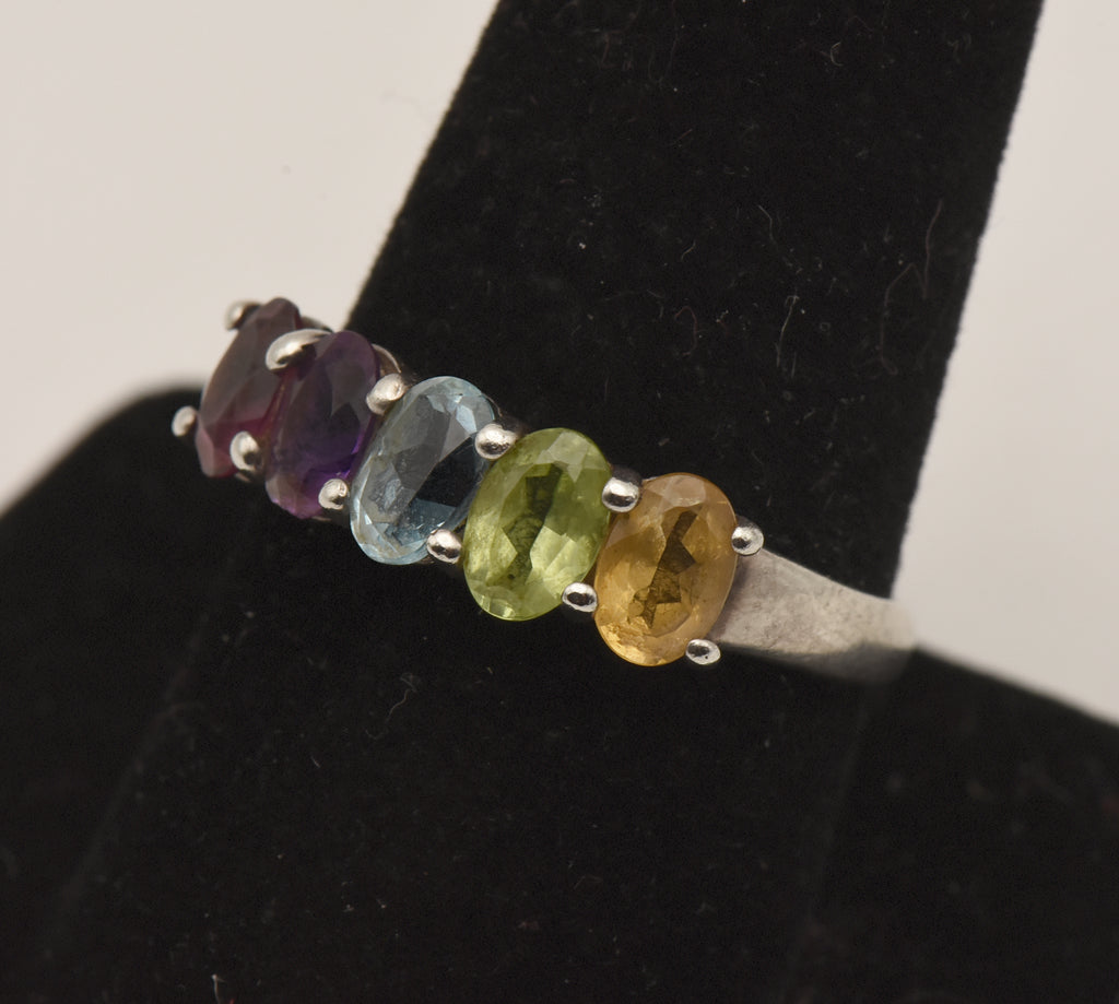 Vintage Multi Color Gemstone Sterling Silver Ring - Size 9
