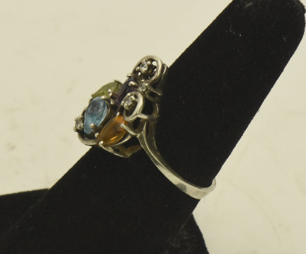 Vintage Sterling Silver Peridot, Blue Topaz, Citrine, Amethyst, CZ Ring - Size 6.5