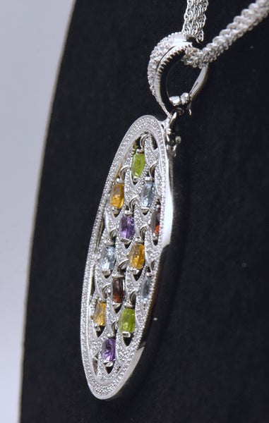 Stunning Colored Gemstones and Diamonds Chandelier Pendant on Multi-Strand Sterling Chain Necklace