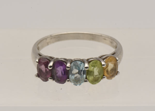 Vintage Multi Color Gemstone Sterling Silver Ring - Size 9