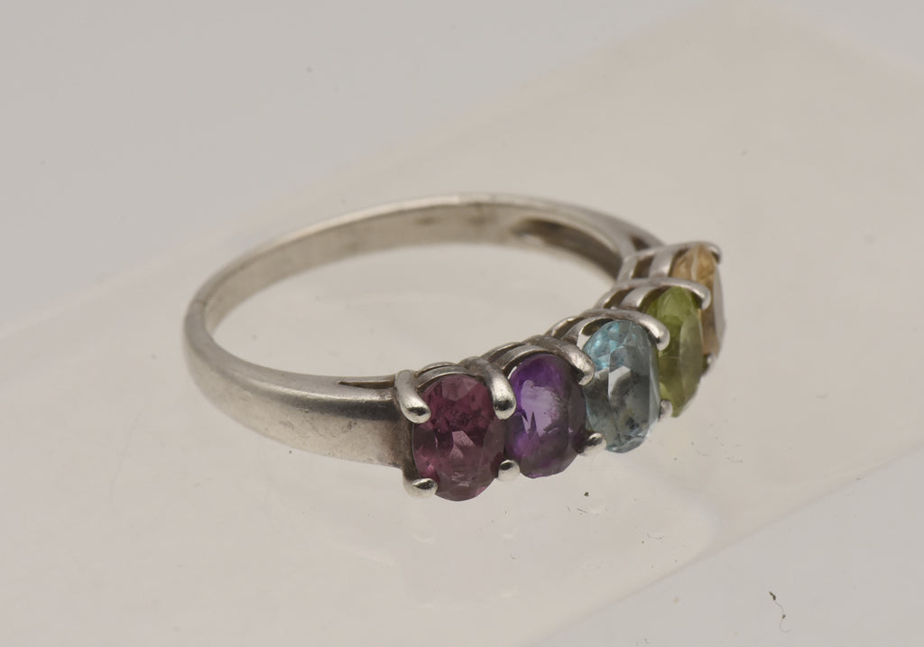 Vintage Multi Color Gemstone Sterling Silver Ring - Size 9