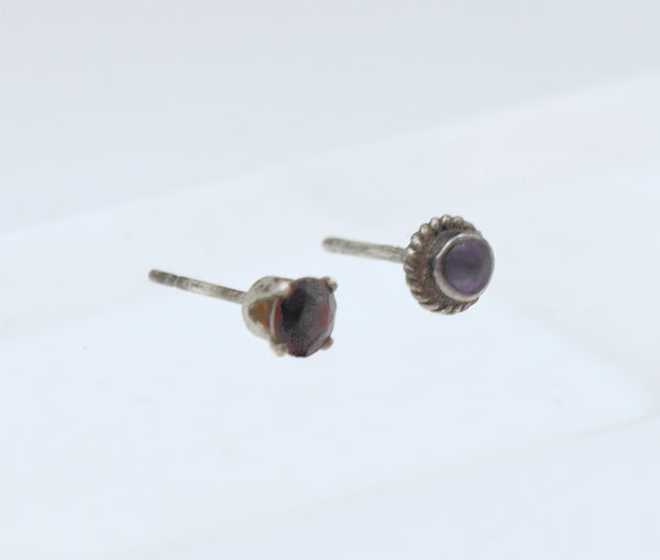 MISMATCHED Vintage Sterling Silver Amethyst and Red Garnet Stud Earrings