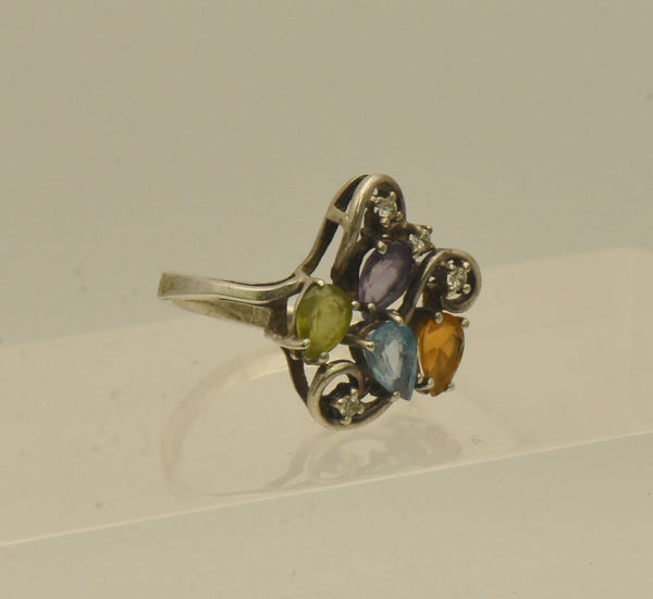 Vintage Sterling Silver Peridot, Blue Topaz, Citrine, Amethyst, CZ Ring - Size 6.5