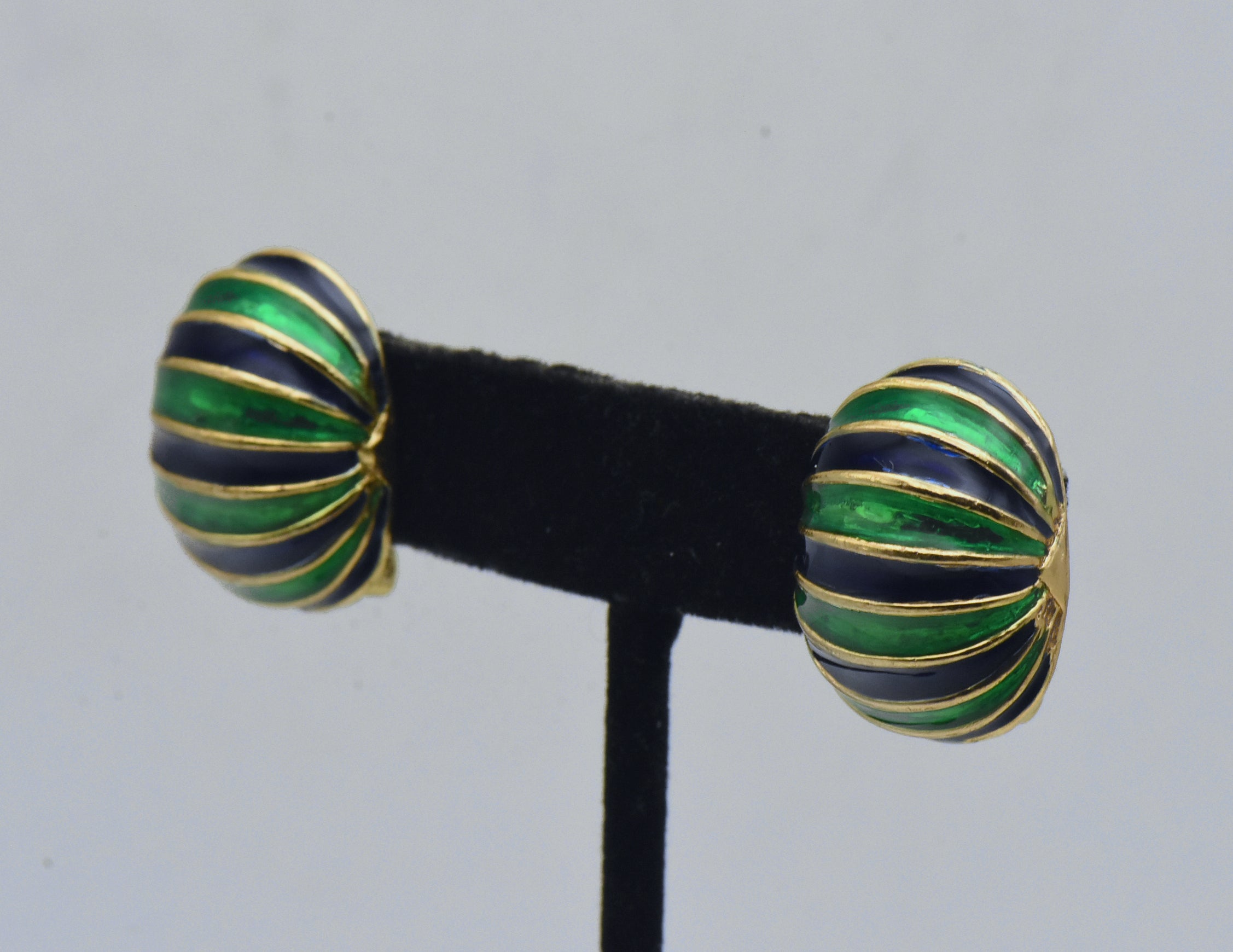 David Hill - Vintage Gold Tone, Green, and Blue Domed Clip On Earrings