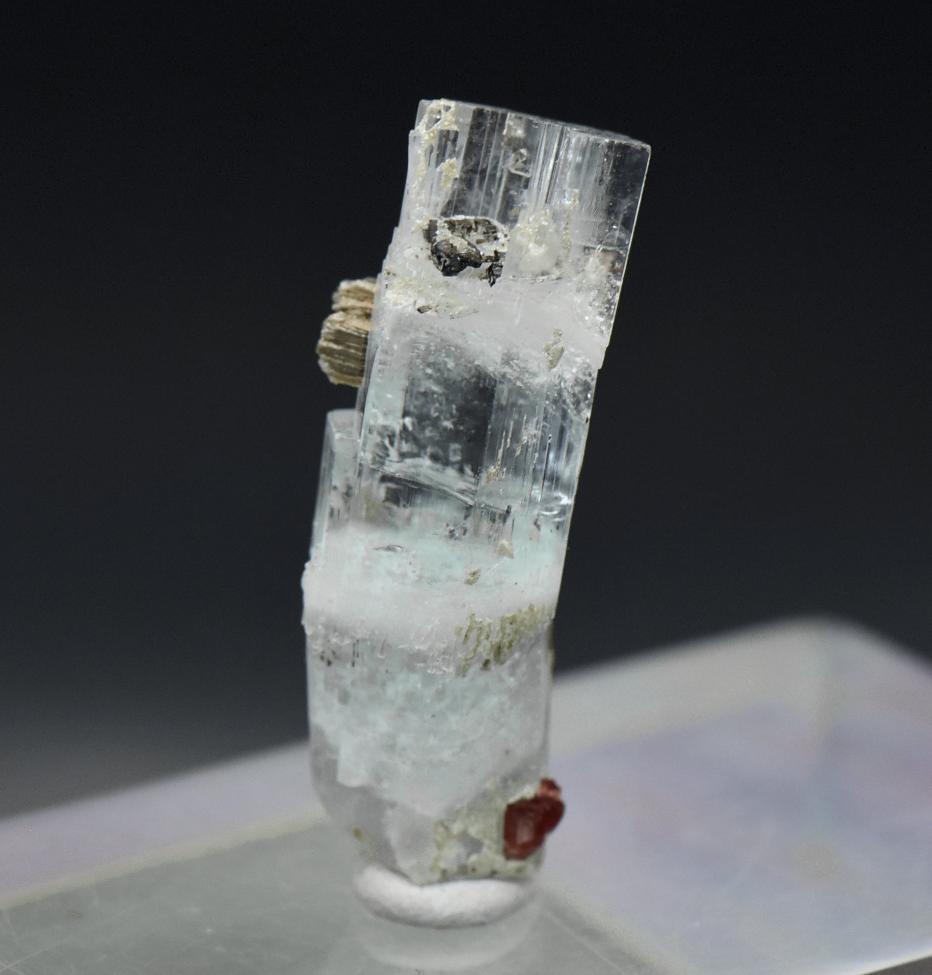 Aquamarine Crystal with Red Garnets and Mica Mineral Specimen - Pakistan