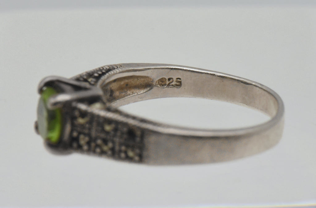 Vintage Sterling Silver Marcasite and Green Glass Ring - Size 8