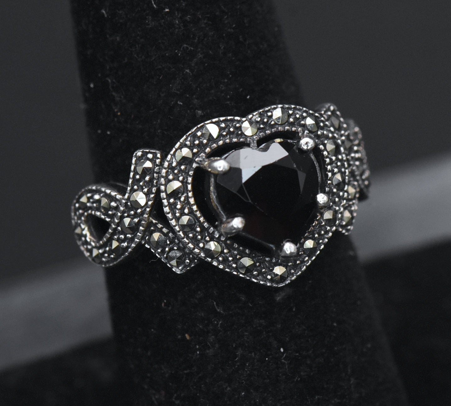 Vintage Heart Cut Garnet Sterling Silver and Marcasite Ring - Size 6.75