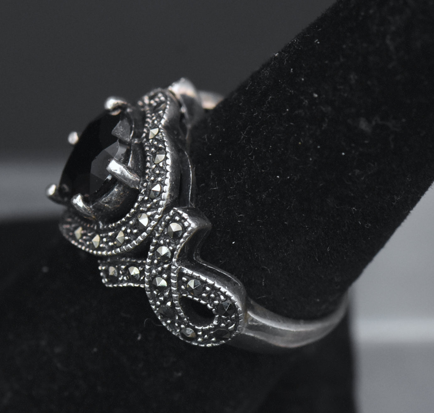 Vintage Heart Cut Garnet Sterling Silver and Marcasite Ring - Size 6.75