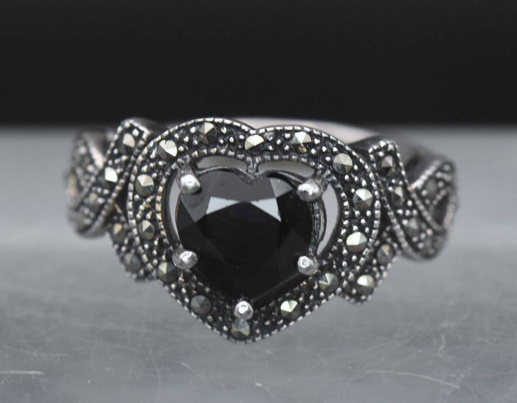 Vintage Heart Cut Garnet Sterling Silver and Marcasite Ring - Size 6.75