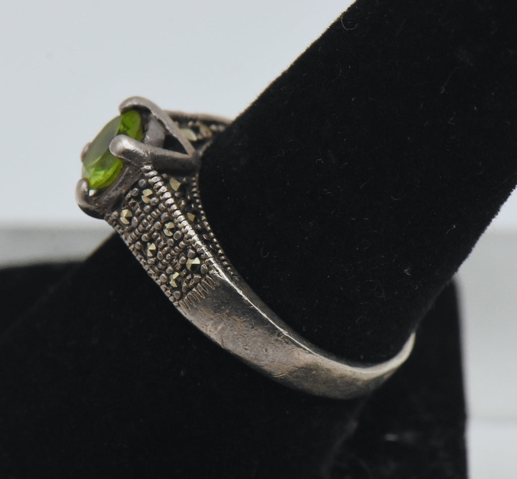 Vintage Sterling Silver Marcasite and Green Glass Ring - Size 8