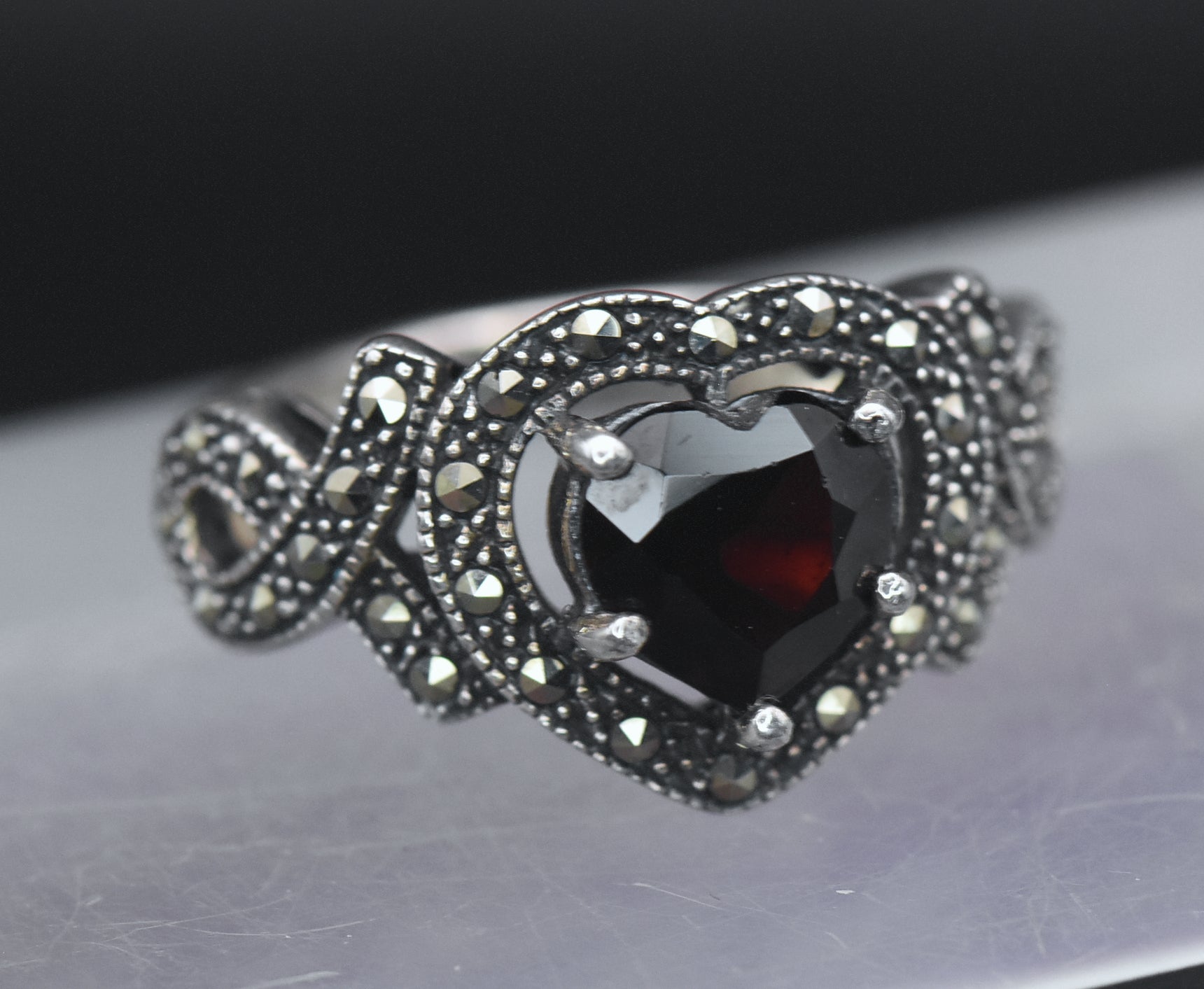 Vintage Heart Cut Garnet Sterling Silver and Marcasite Ring - Size 6.75