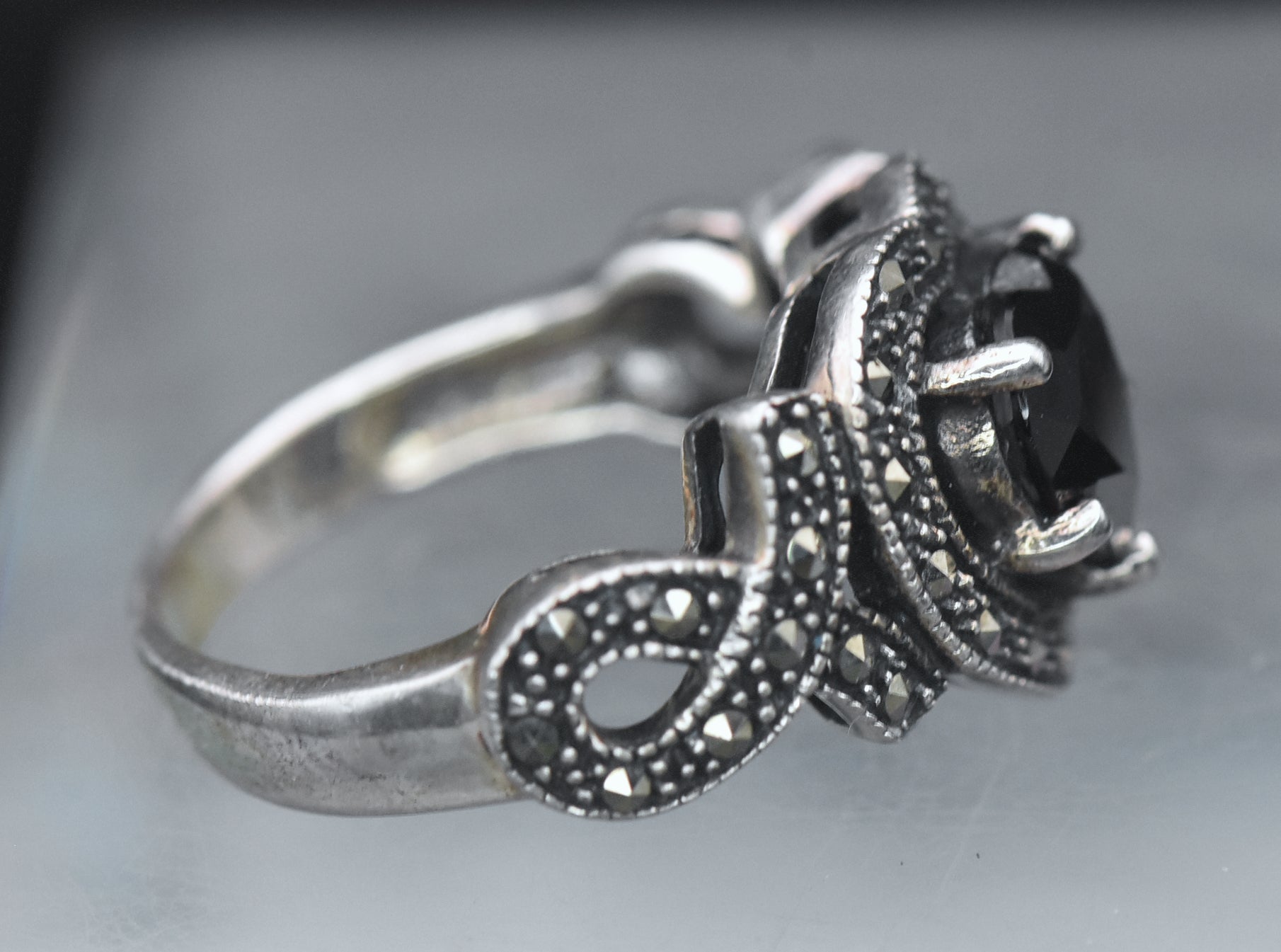 Vintage Heart Cut Garnet Sterling Silver and Marcasite Ring - Size 6.75