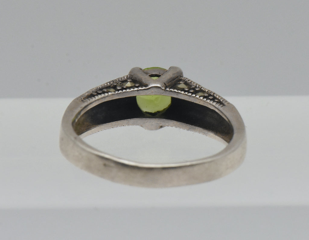 Vintage Sterling Silver Marcasite and Green Glass Ring - Size 8