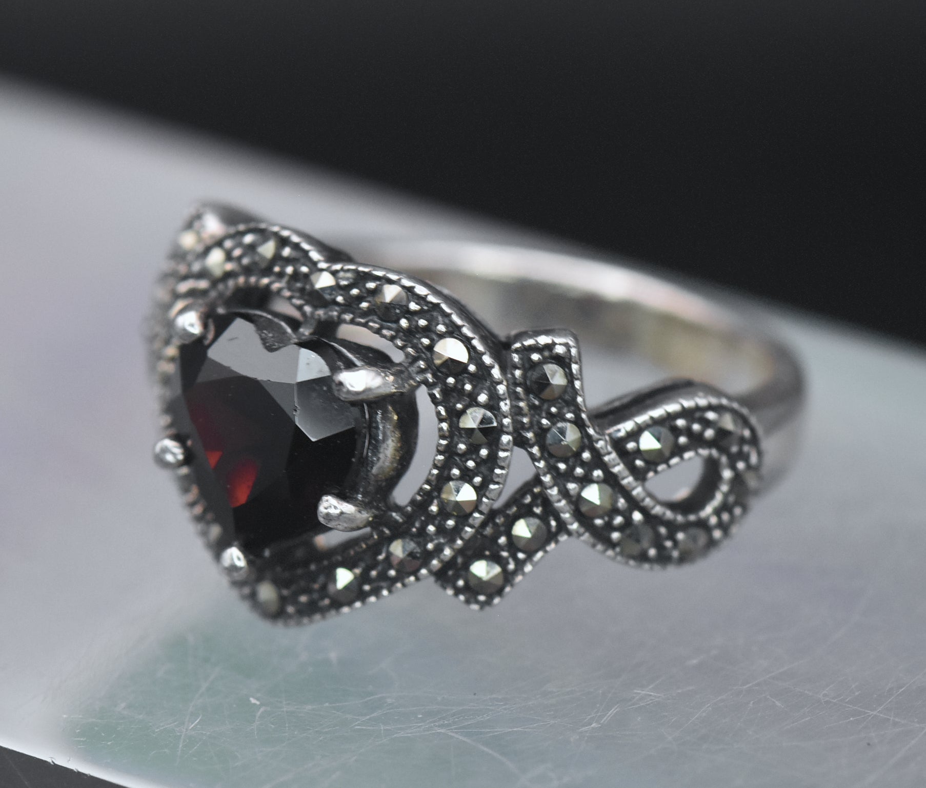 Vintage Heart Cut Garnet Sterling Silver and Marcasite Ring - Size 6.75