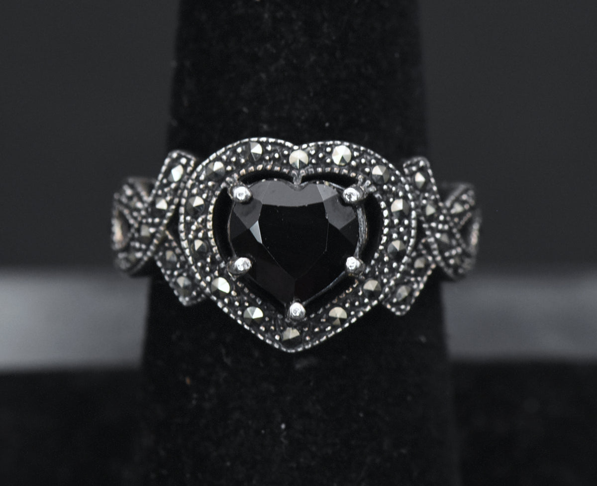 Vintage Heart Cut Garnet Sterling Silver and Marcasite Ring - Size 6.75