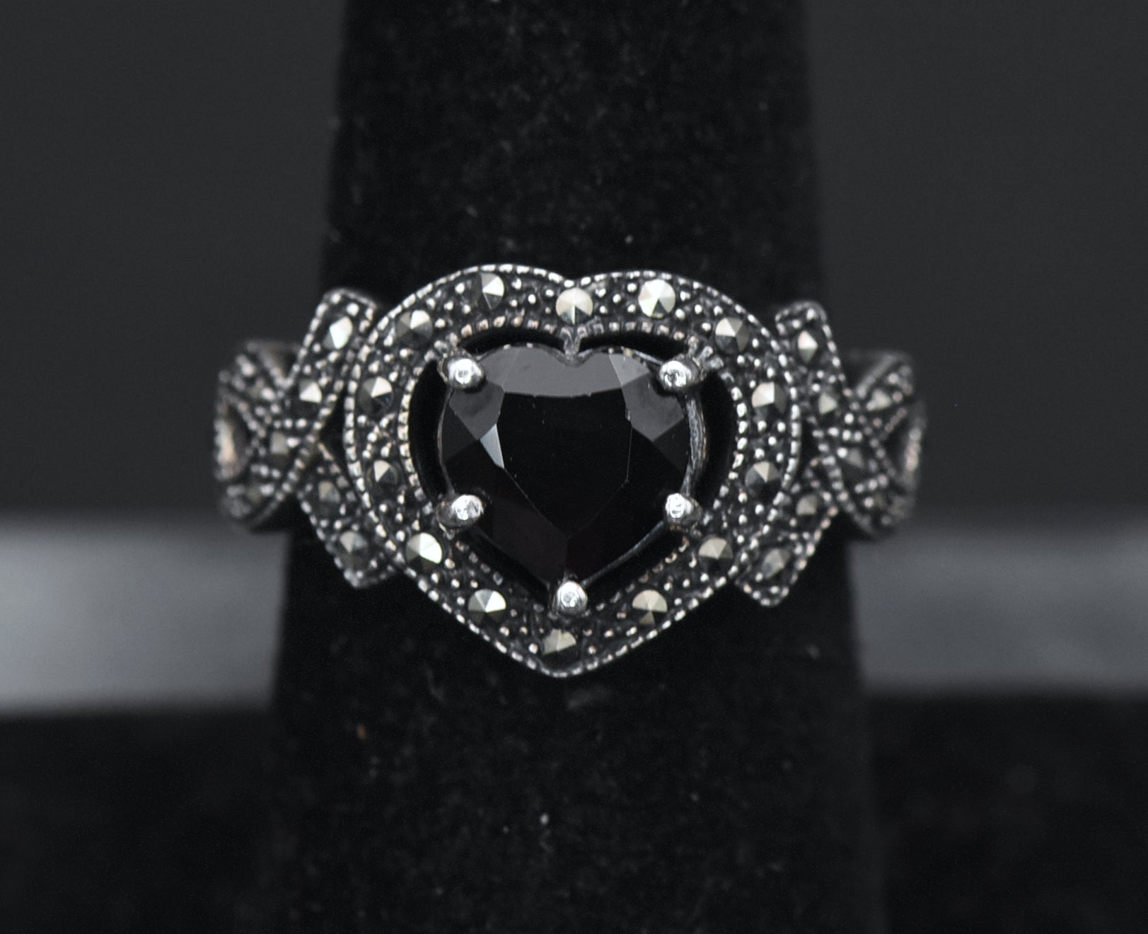 Vintage Heart Cut Garnet Sterling Silver and Marcasite Ring - Size 6.75