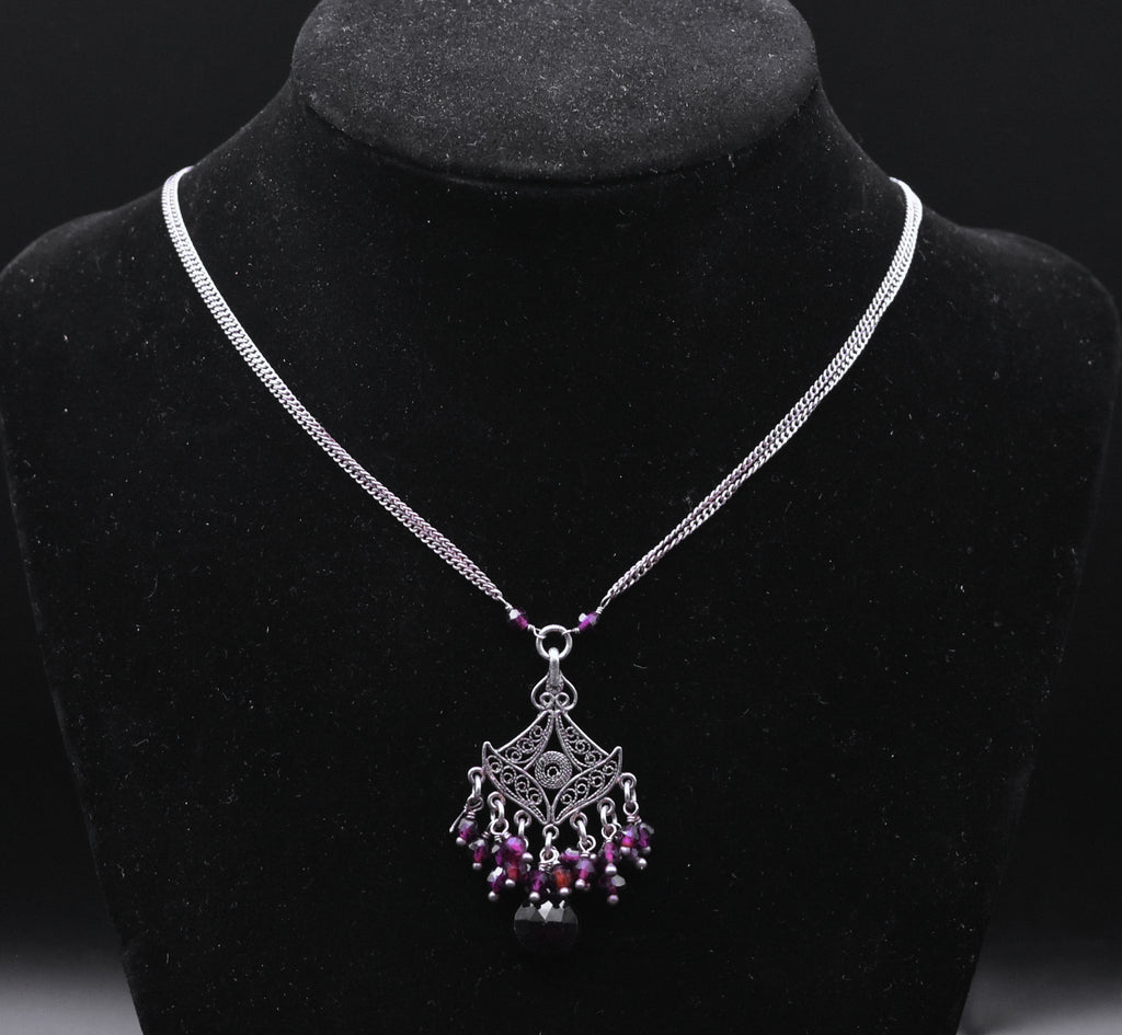 Vintage Sterling Silver and Garnet Double Chain Necklace Pendant