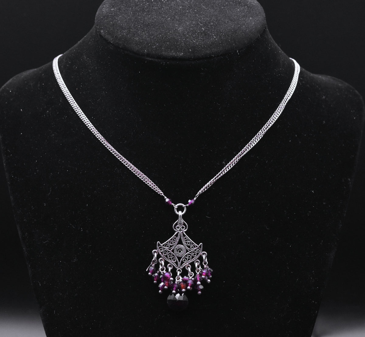 Vintage Sterling Silver and Garnet Double Chain Necklace Pendant